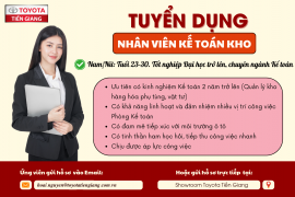 TOYOTA TIỀN GIANG TUYỂN DỤNG NHÂN VIÊN KẾ TOÁN KHO