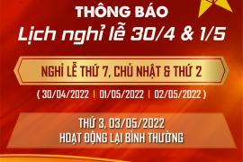 TOYOTA TIỀN GIANG THÔNG BÁO LỊCH NGHỈ LỄ 30.4 – 01.05 NĂM 2022